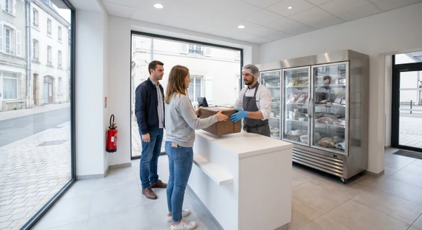 Photographie réaliste montrant l'intérieur d'un point de retrait avec plusieurs clients dans un petit espace commercial moderne. Une femme récupère son colis réfrigéré sur un comptoir blanc, tandis qu'un homme attend près du comptoir de service. L'espace montre des équipements de conservation réfrigérée en arrière-plan, un personnel professionnel en tenue de travail derrière le comptoir, et un signalétique clair. L'ambiance est claire et professionnelle, évoquant l'efficacité et la proximité du service de retrait.